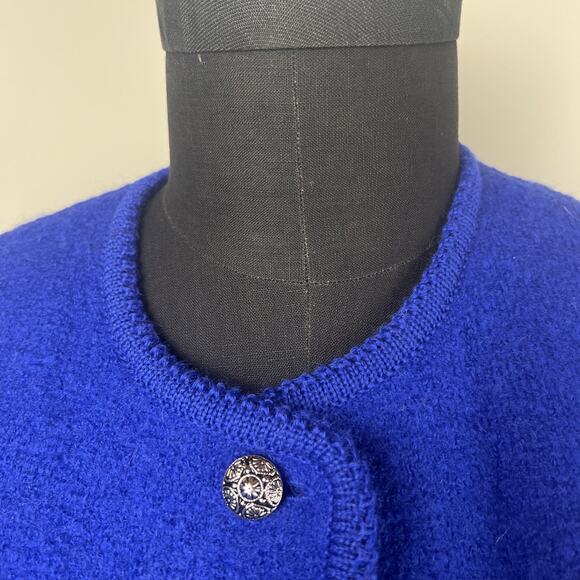Carroll Rees 100 % Wool Cardigan Jacket Total Blue Silver Buttons Sz 12 - Picture 2 of 7